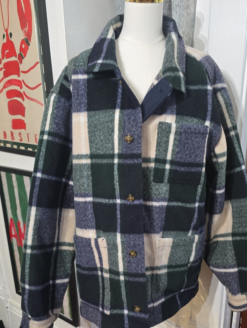 Old Navy Men's Plaid Shirt Chore Jacket in Green, Navy & Cream 3x Nwot